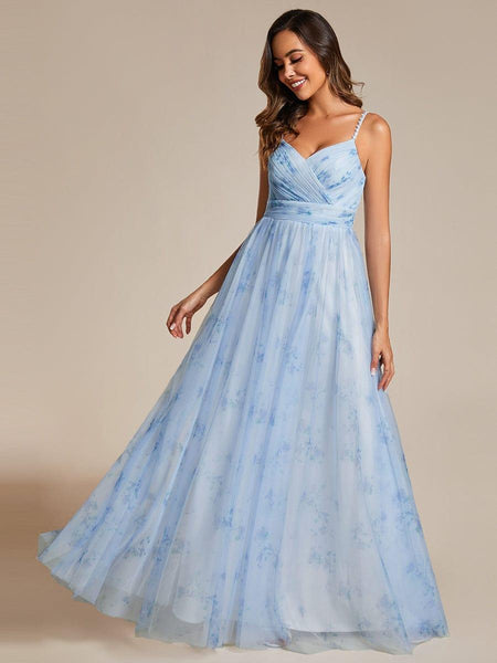 Floral Printed V-Neck Spaghetti Strap Formal Evening Dress with Empire Waist
