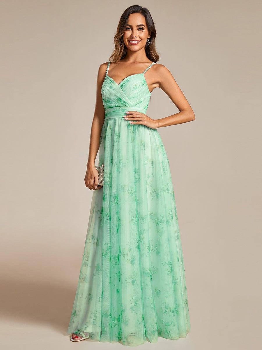 Floral Printed Empire Waist Spaghetti Strap Formal Evening Dress with V-Neck #color_Mint Green