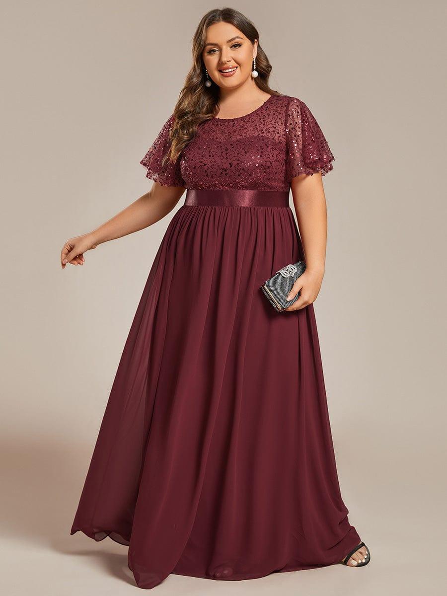 Plus Size Round-Neck Sequin High Waist Short-Sleeved Formal Evening Dress #color_Burgundy