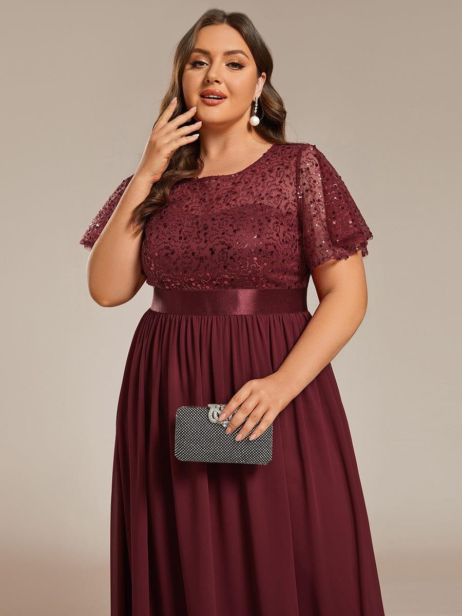 Plus Size Round-Neck Sequin High Waist Short-Sleeved Formal Evening Dress #color_Burgundy