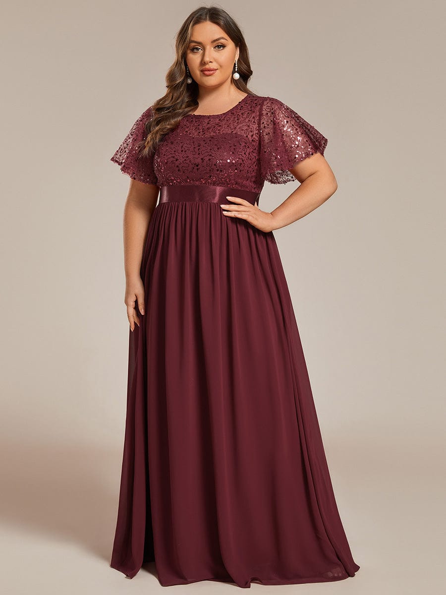 Plus Size Round-Neck Sequin High Waist Short-Sleeved Formal Evening Dress #color_Burgundy