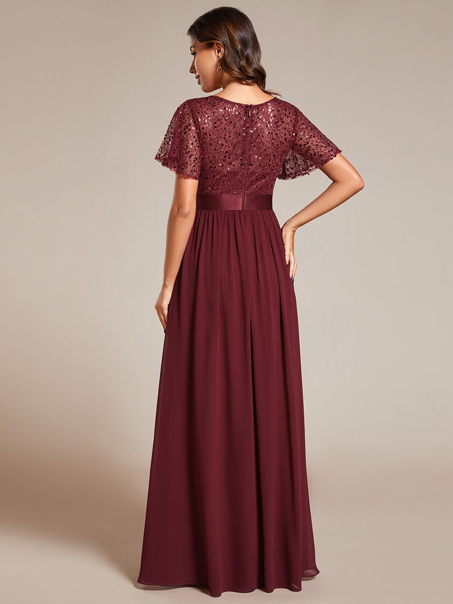 Round-Neck Sequin High Waist Short-Sleeved Formal Evening Dress #color_Burgundy