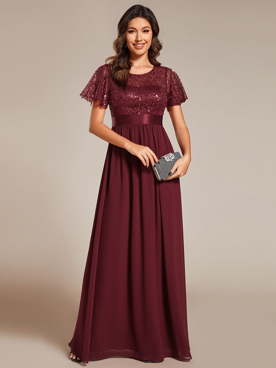Round-Neck Sequin High Waist Short-Sleeved Formal Evening Dress #color_Burgundy