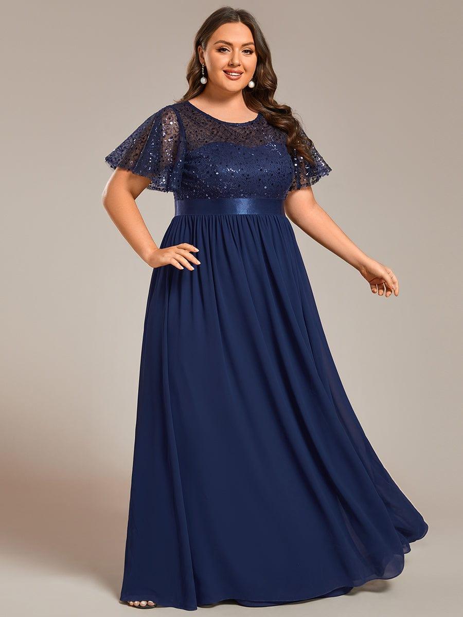 Plus Size Round-Neck Sequin High Waist Short-Sleeved Formal Evening Dress #color_Navy Blue