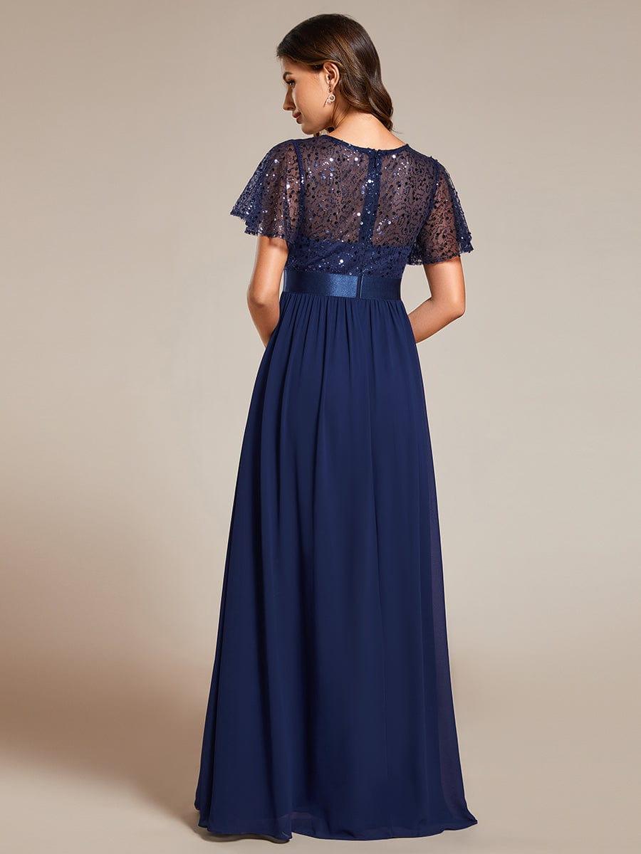 Sequin High Waist Short-Sleeved Formal Evening Dress with Round-Neck