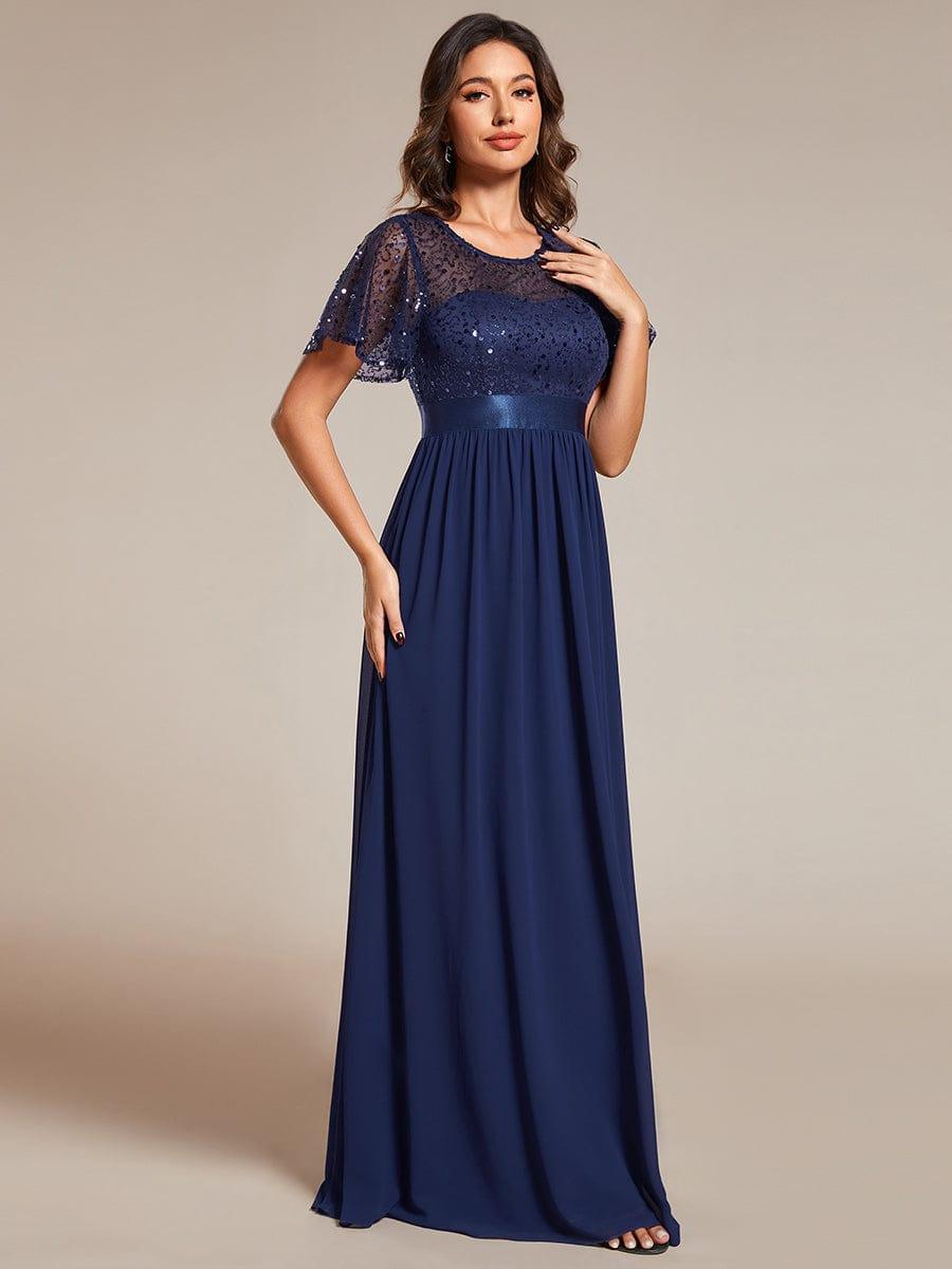 Sequin High Waist Short-Sleeved Formal Evening Dress with Round-Neck