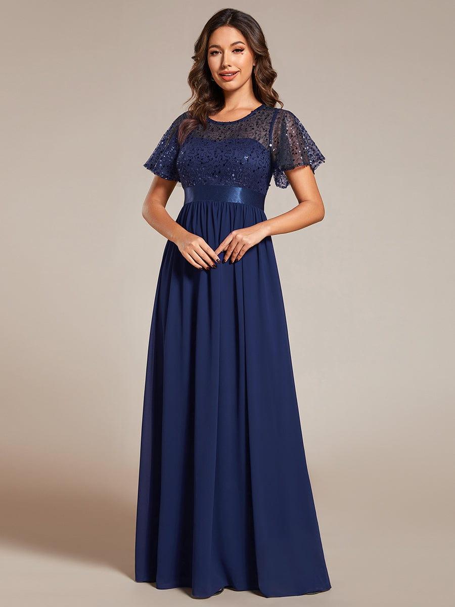 high waisted formal dresses Sequin Waist Short-Sleeved Evening Dress with Round-Neck COLOR: GREEN