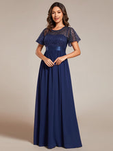 Round-Neck Sequin High Waist Short-Sleeved Formal Evening Dress #color_Navy Blue