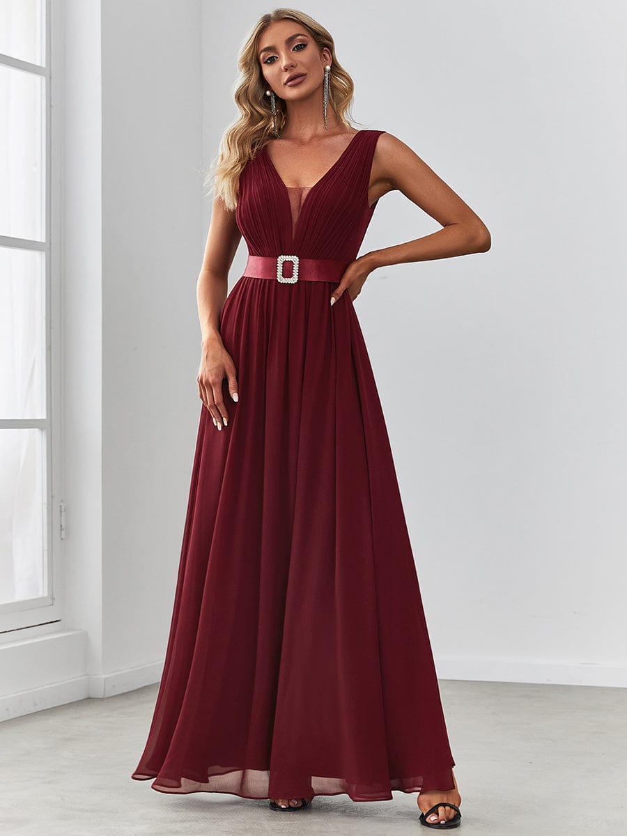 Chiffon Illusion V-Neck Sequin Belt A-Line Evening Dress #color_Burgundy 