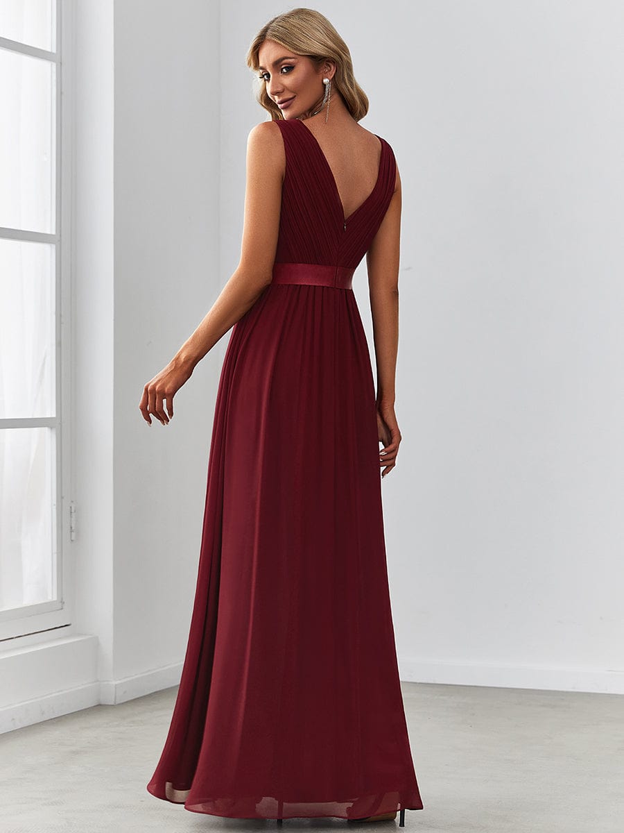 Chiffon Illusion V-Neck Sequin Belt A-Line Evening Dress #color_Burgundy 