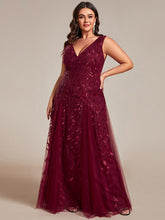 Plus Size Sparkling Sleeveless Leaf Sequin A-Line Formal Evening Dress #color_Burgundy