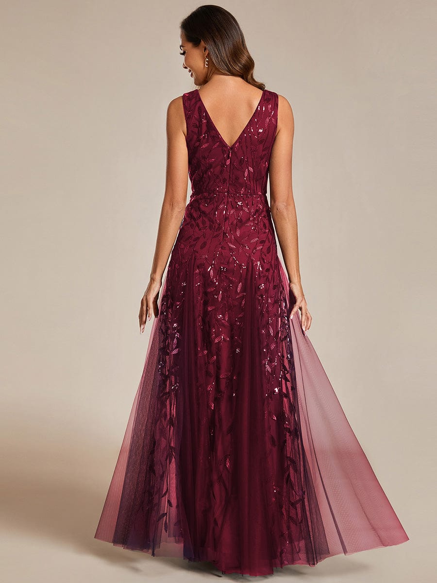 V-Neck Leaf Sequin Sleeveless A-Line Formal Evening Dress with Tulle #color_Burgundy