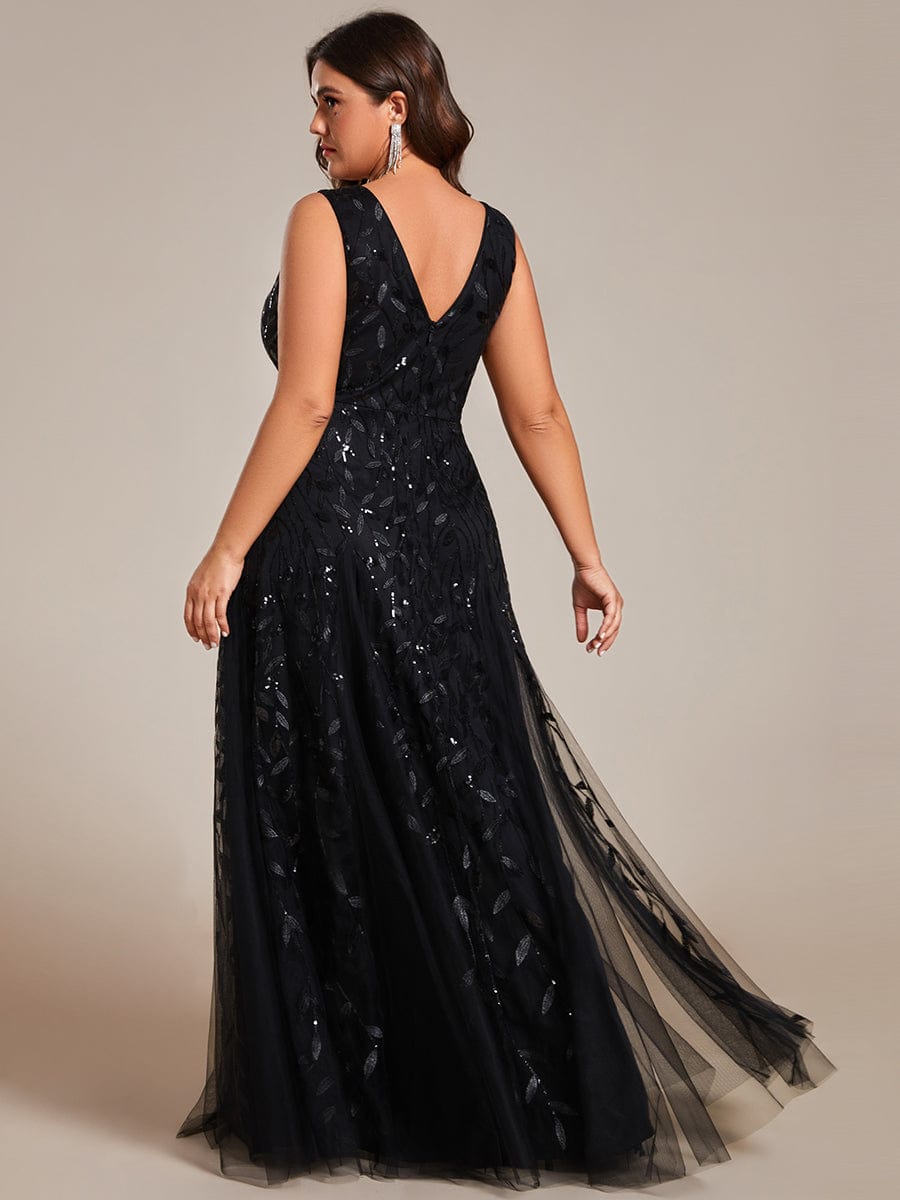 Plus Size Sparkling Sleeveless Leaf Sequin A-Line Formal Evening Dress #color_Black