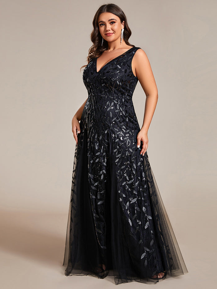 Glamorous Plus Size Double V-Neck Sleeveless Sequin A-Line Evening