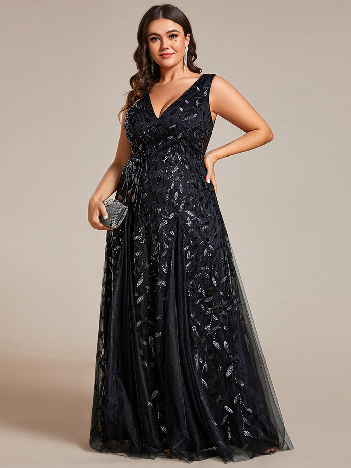 Glamorous Plus Size Double V-Neck Sleeveless Sequin A-Line Evening
