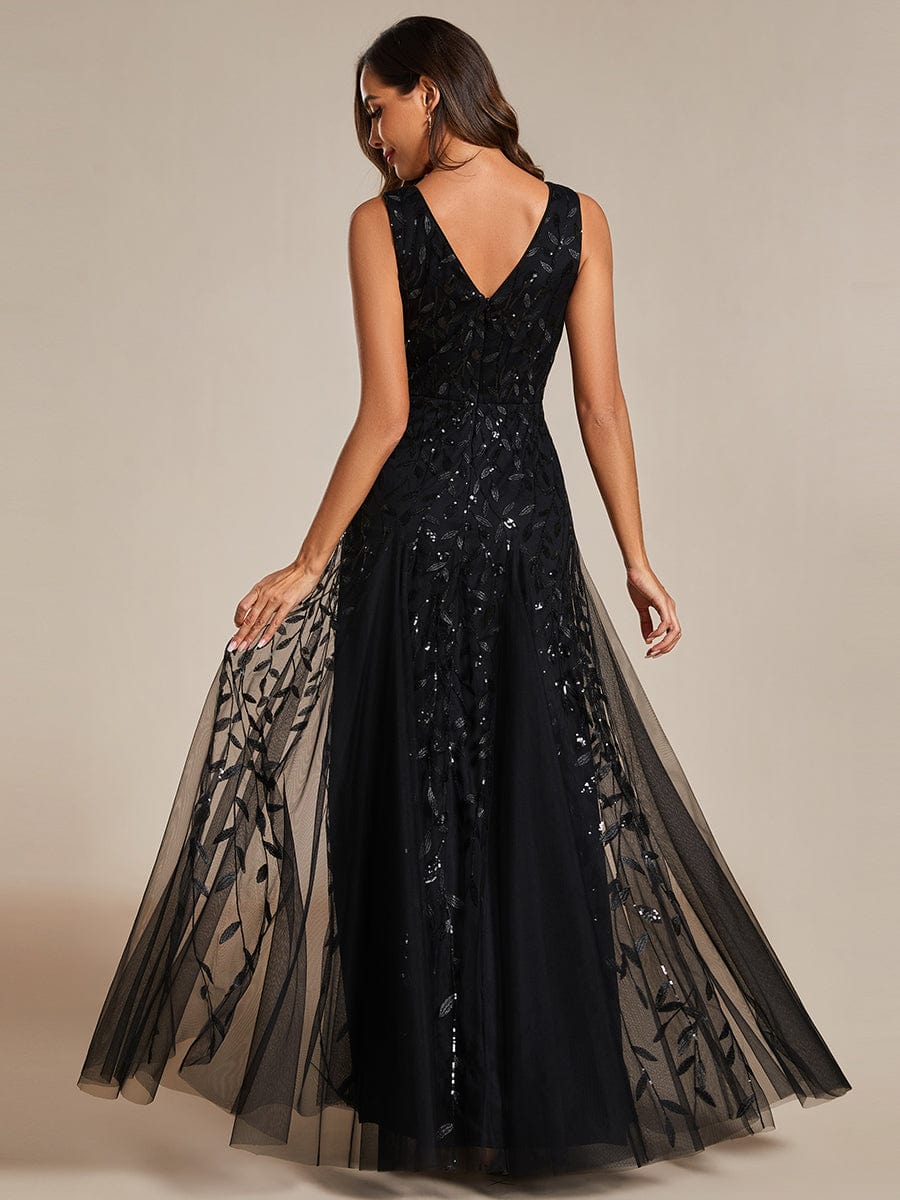 V-Neck Leaf Sequin Sleeveless A-Line Formal Evening Dress with Tulle #color_Black