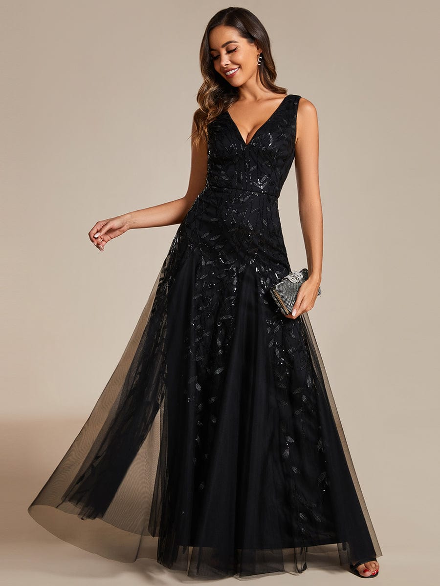 V-Neck Leaf Sequin Sleeveless A-Line Formal Evening Dress with Tulle #color_Black