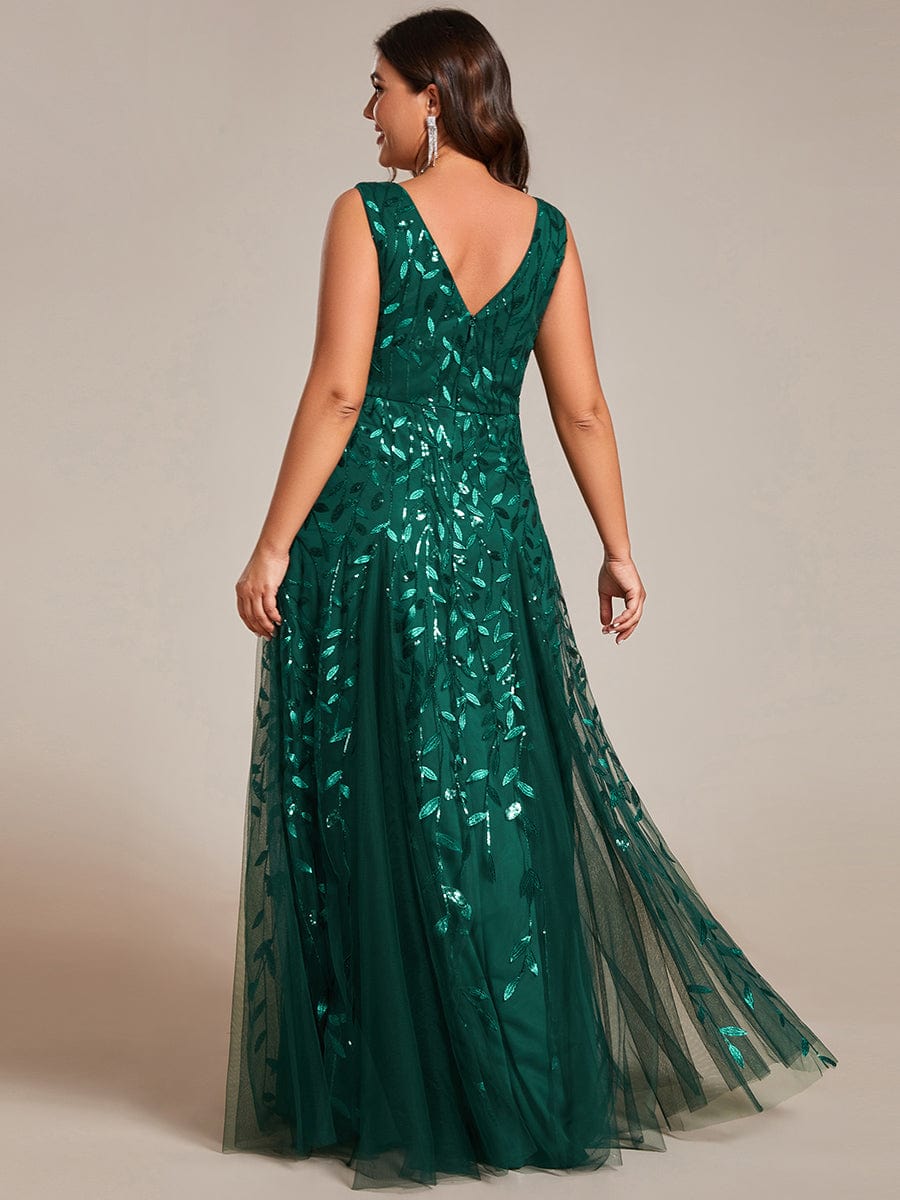 V-Neck Leaf Sequin Sleeveless A-Line Formal Evening Dress with Tulle