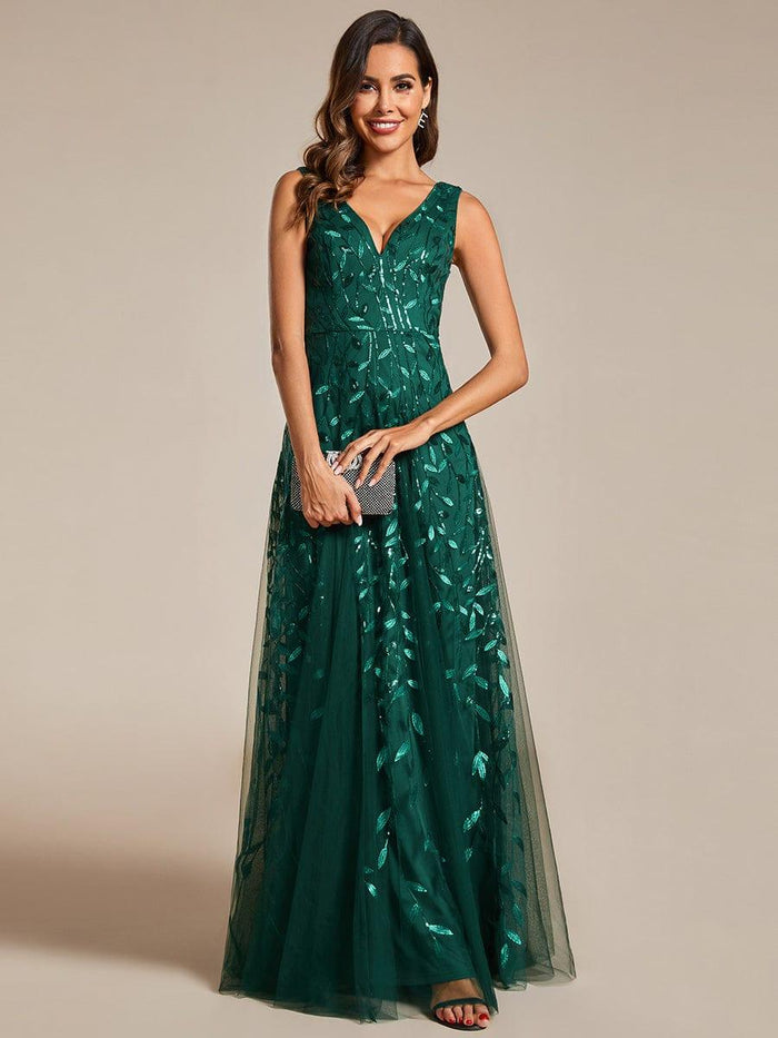 V-Neck Sleeveless Aline Evening Dress Sequins Bridesmaid Dress