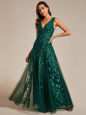 V-Neck Leaf Sequin Sleeveless A-Line Formal Evening Dress with Tulle