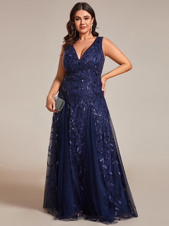 Glamorous Plus Size Double V-Neck Sleeveless Sequin A-Line Evening