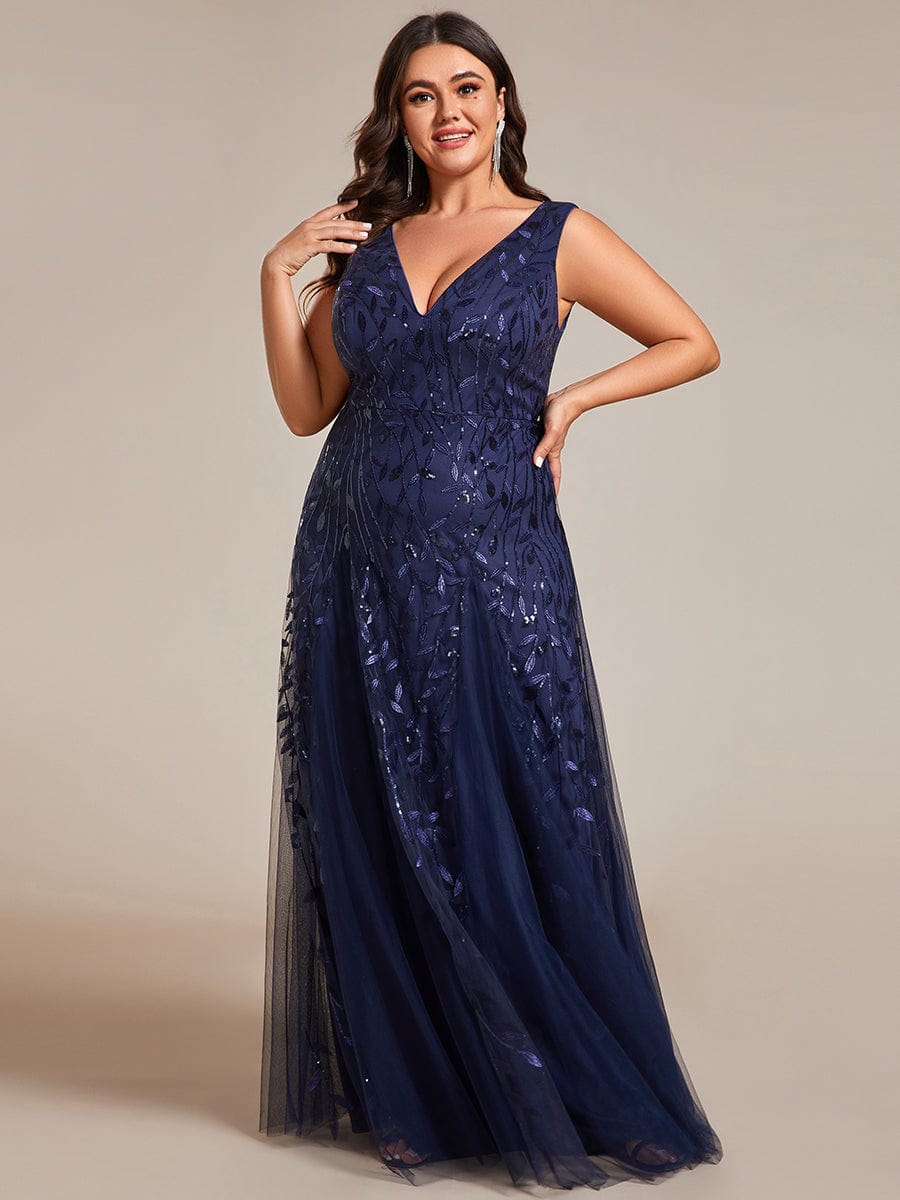 Plus Size Sparkling Sleeveless Leaf Sequin A-Line Formal Evening Dress