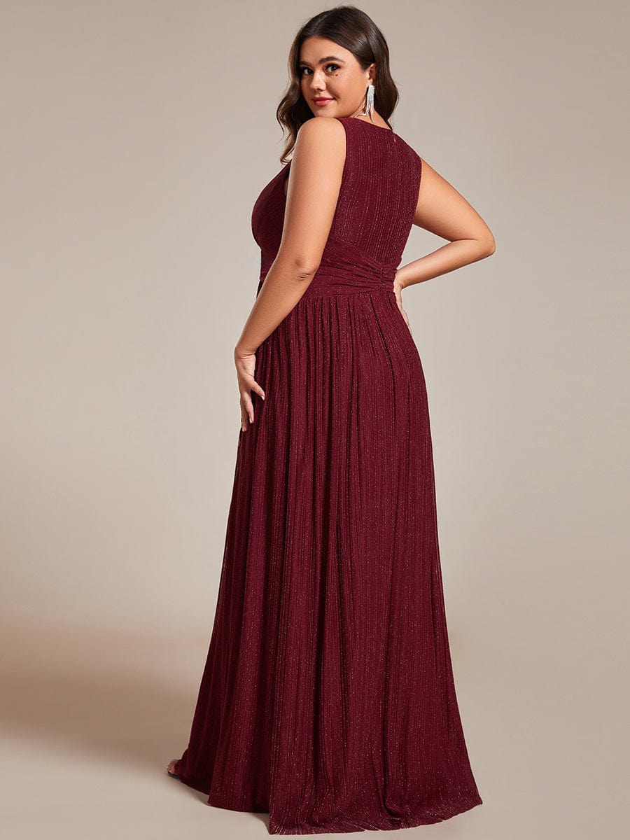 Plus Size Sleeveless V-Neck Pleated A-Line Formal Evening Dress #color_Burgundy