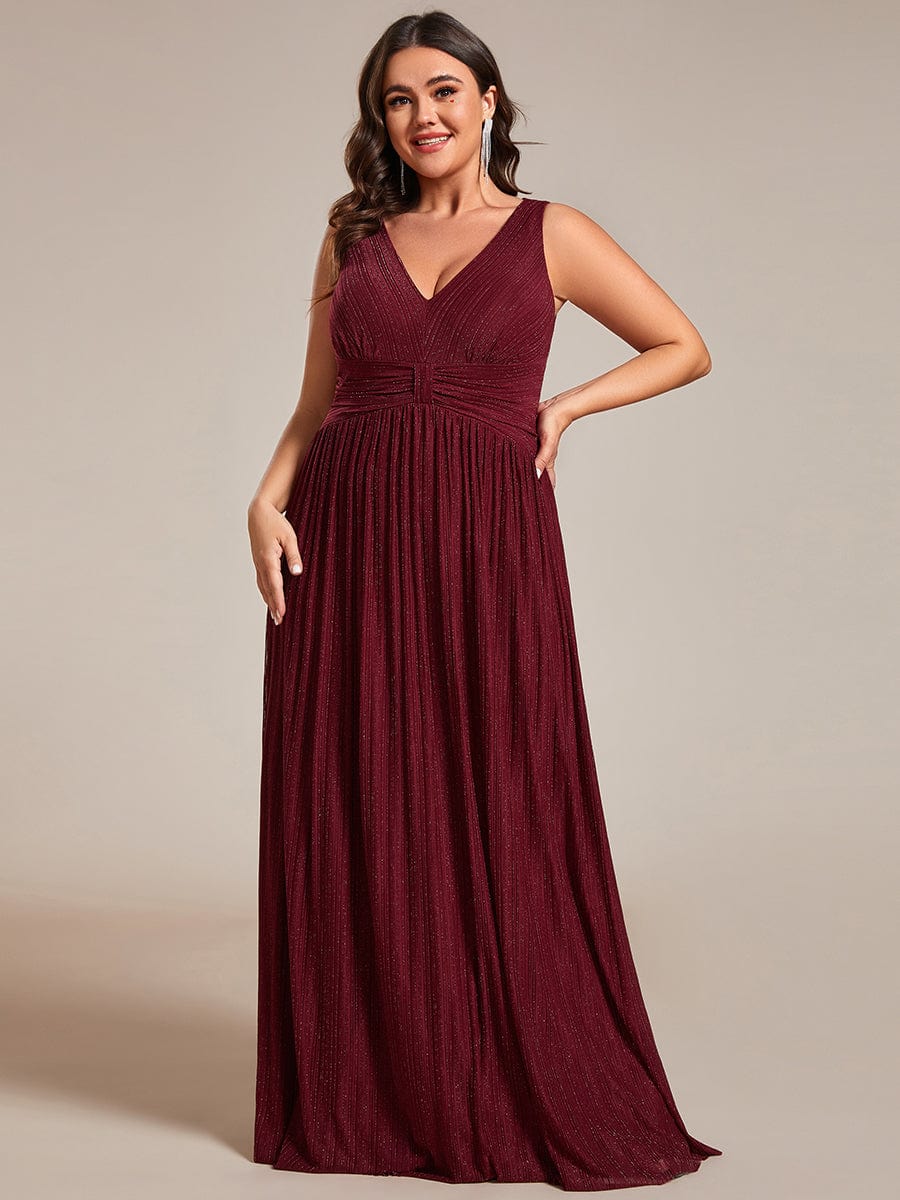 Plus Size Sleeveless V-Neck Pleated A-Line Formal Evening Dress #color_Burgundy