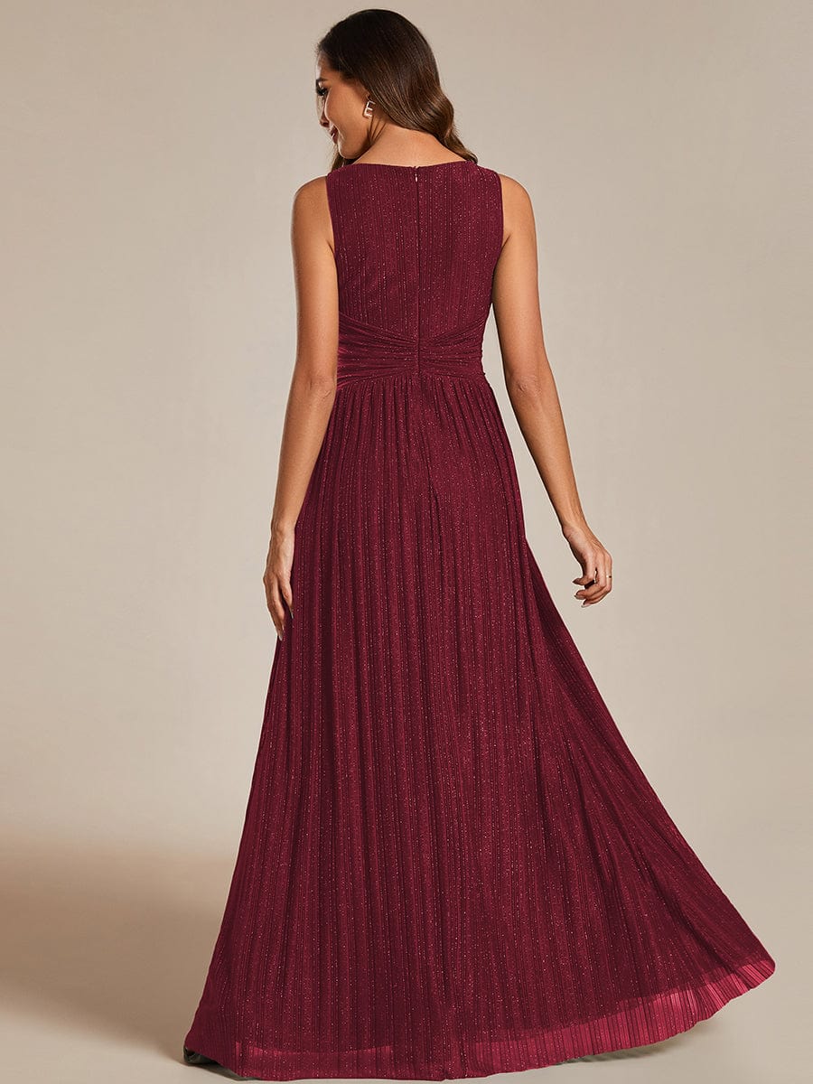 Glittery Sleeveless  Pleated Empire Waist A-Line Formal Evening Dress #color_Burgundy