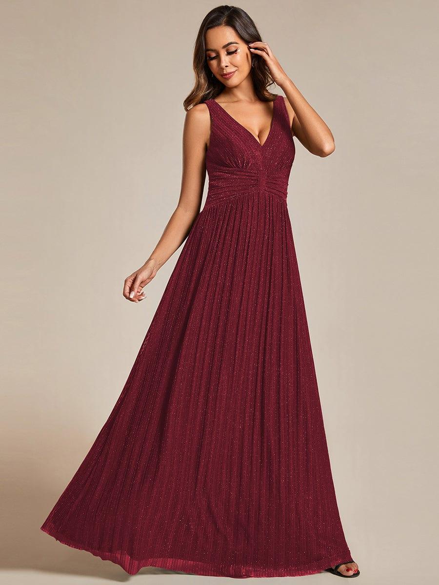 Glittery Sleeveless  Pleated Empire Waist A-Line Formal Evening Dress #color_Burgundy