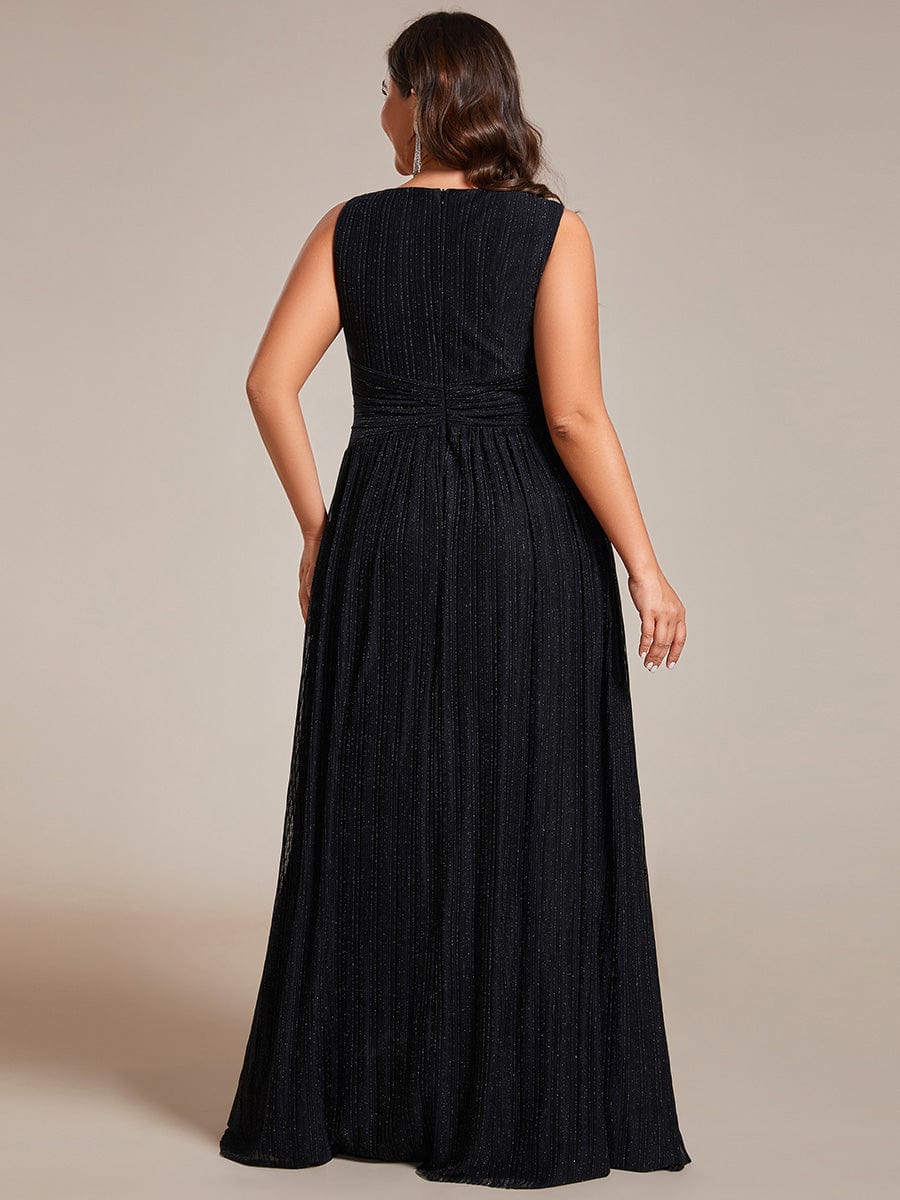Plus Size Sleeveless V-Neck Pleated A-Line Formal Evening Dress #color_Black