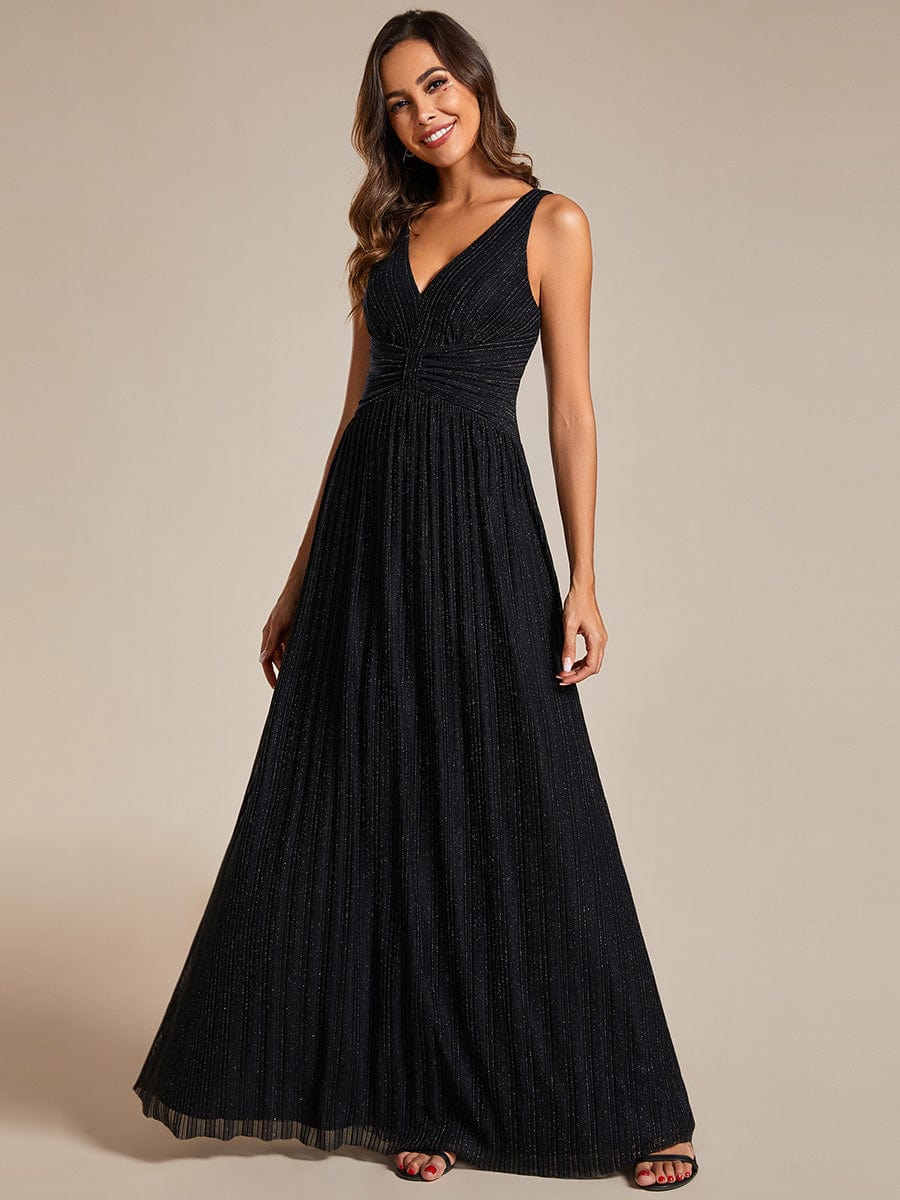 Glittery Sleeveless  Pleated Empire Waist A-Line Formal Evening Dress #color_Black