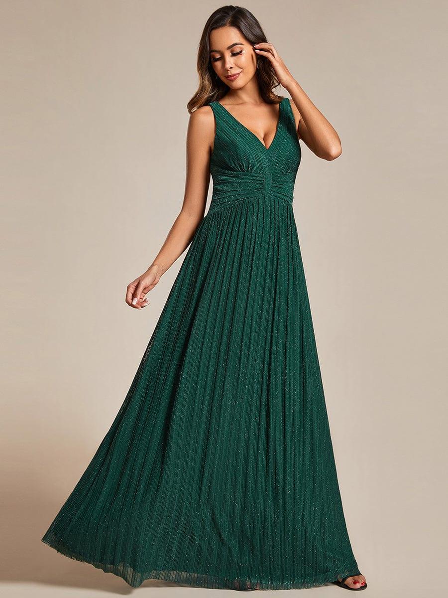 Glittery Sleeveless  Pleated Empire Waist A-Line Formal Evening Dress #color_Dark Green