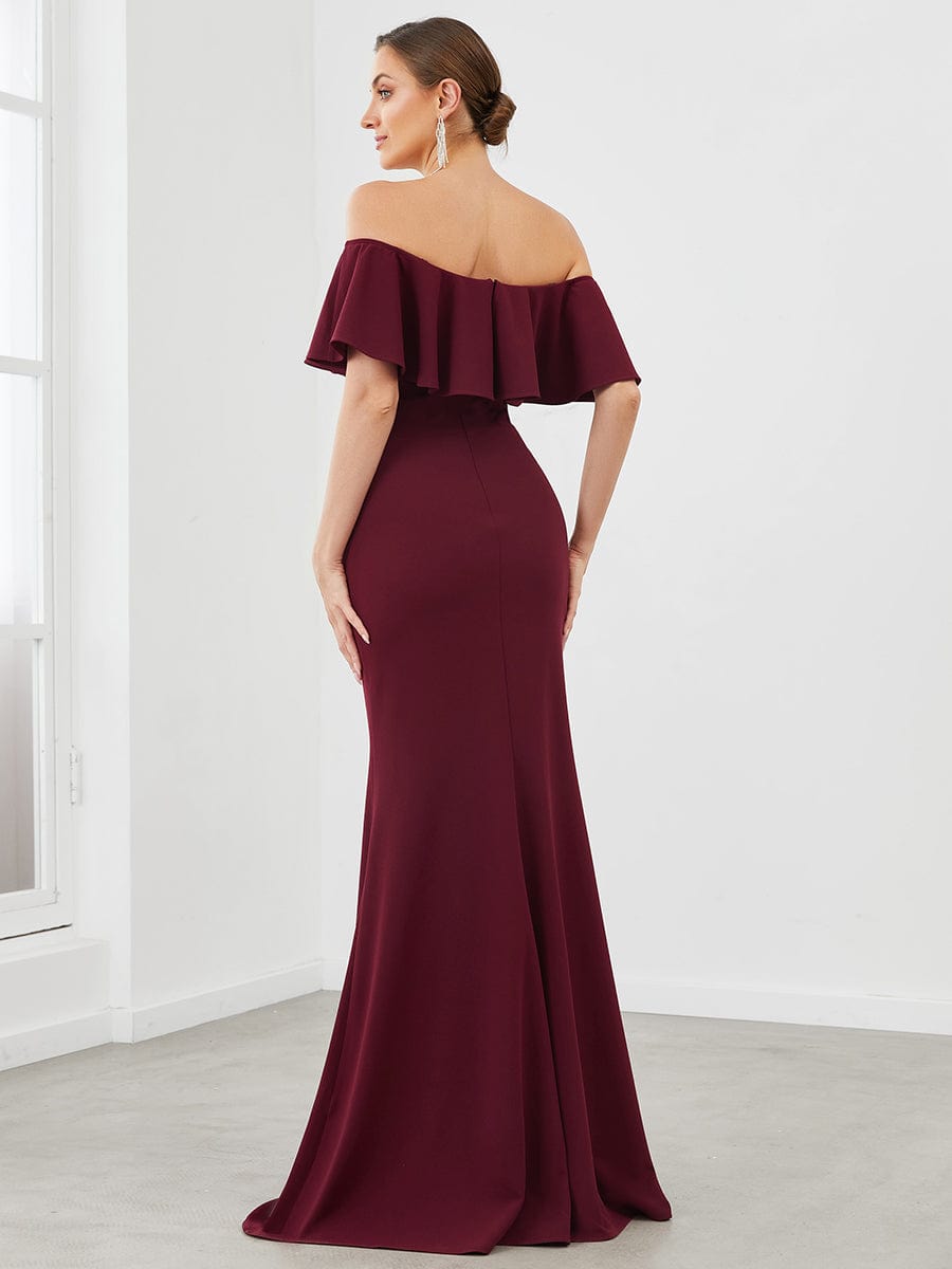 Strapless Fold-Over Ruffle Bodycon Floor-Length Evening Dress #color_Burgundy 