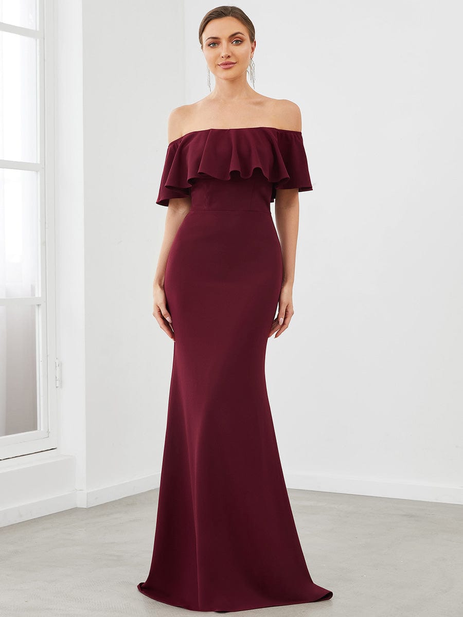 Strapless Fold-Over Ruffle Bodycon Floor-Length Evening Dress #color_Burgundy 