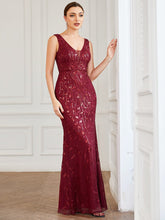 Sequin Sleeveless V-Neck Backless Bodycon Fishtail Evening Dress #color_Burgundy 