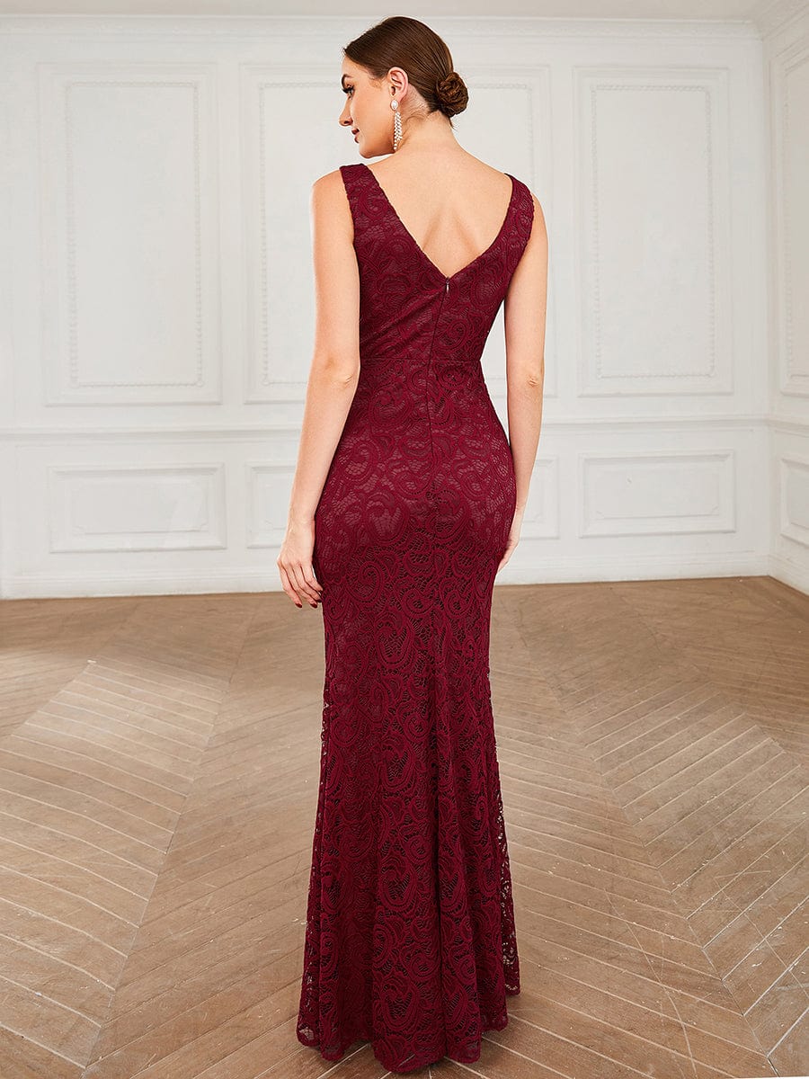 Pleated Lace Bodycon Sleeveless Floor-Length Evening Dress #color_Burgundy