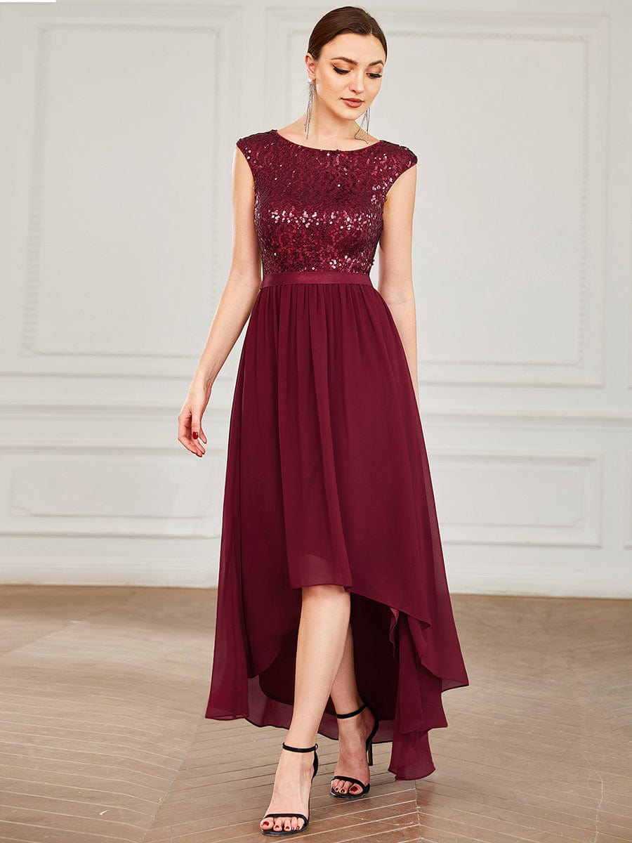 Chiffon Ribbon Waist Sleeveless Sequin High Low Evening Dress #color_Burgundy 
