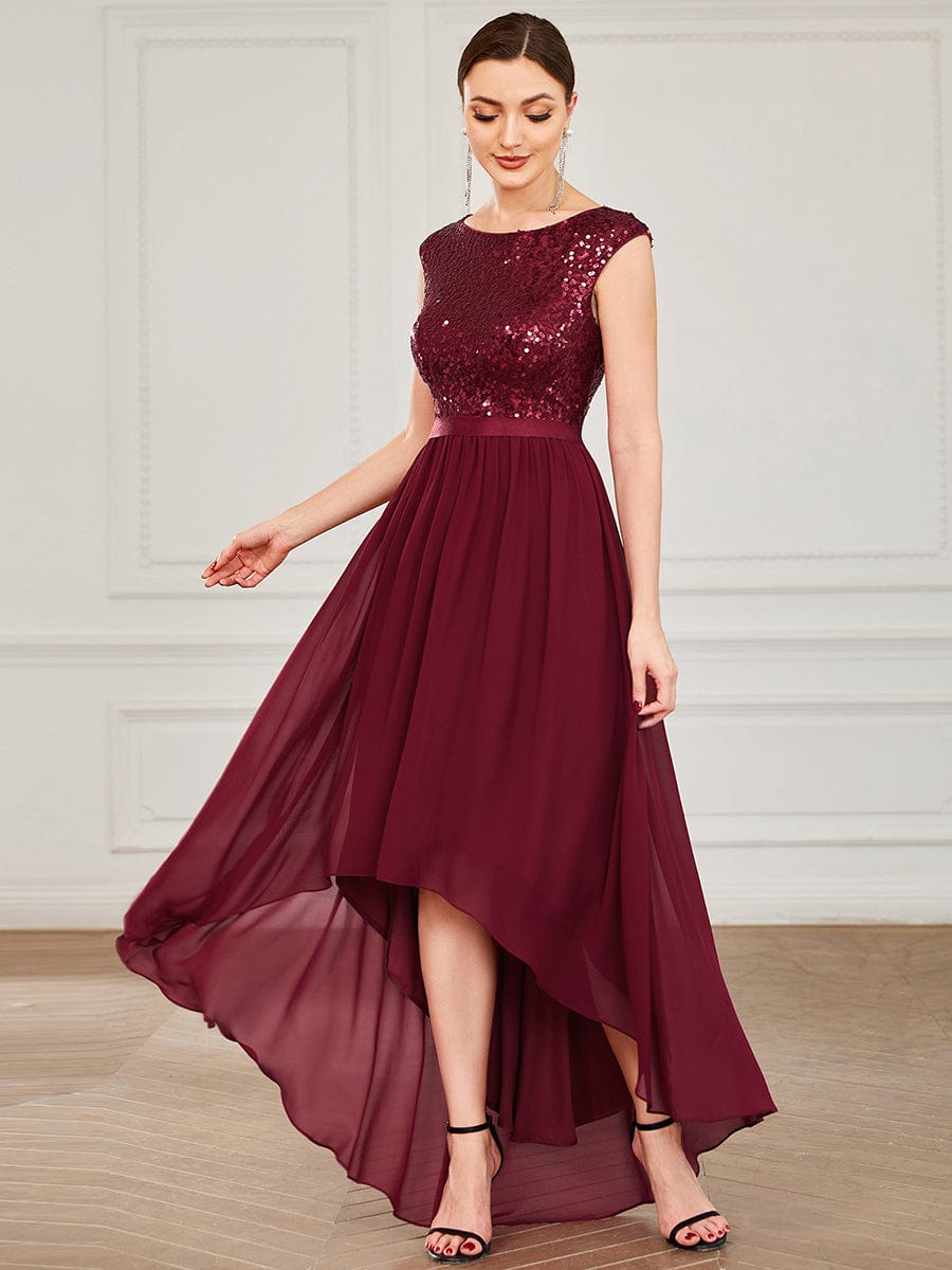 Chiffon Ribbon Waist Sleeveless Sequin High Low Evening Dress