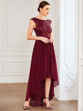 Chiffon Ribbon Waist Sleeveless Sequin High Low Evening Dress