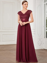 V-Neck Lace Empire Waist Short Sleeve Chiffon Evening Dress #color_Burgundy
