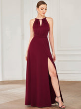 Halter Keyhole Front & Back High Slit Evening Dress #color_Burgundy