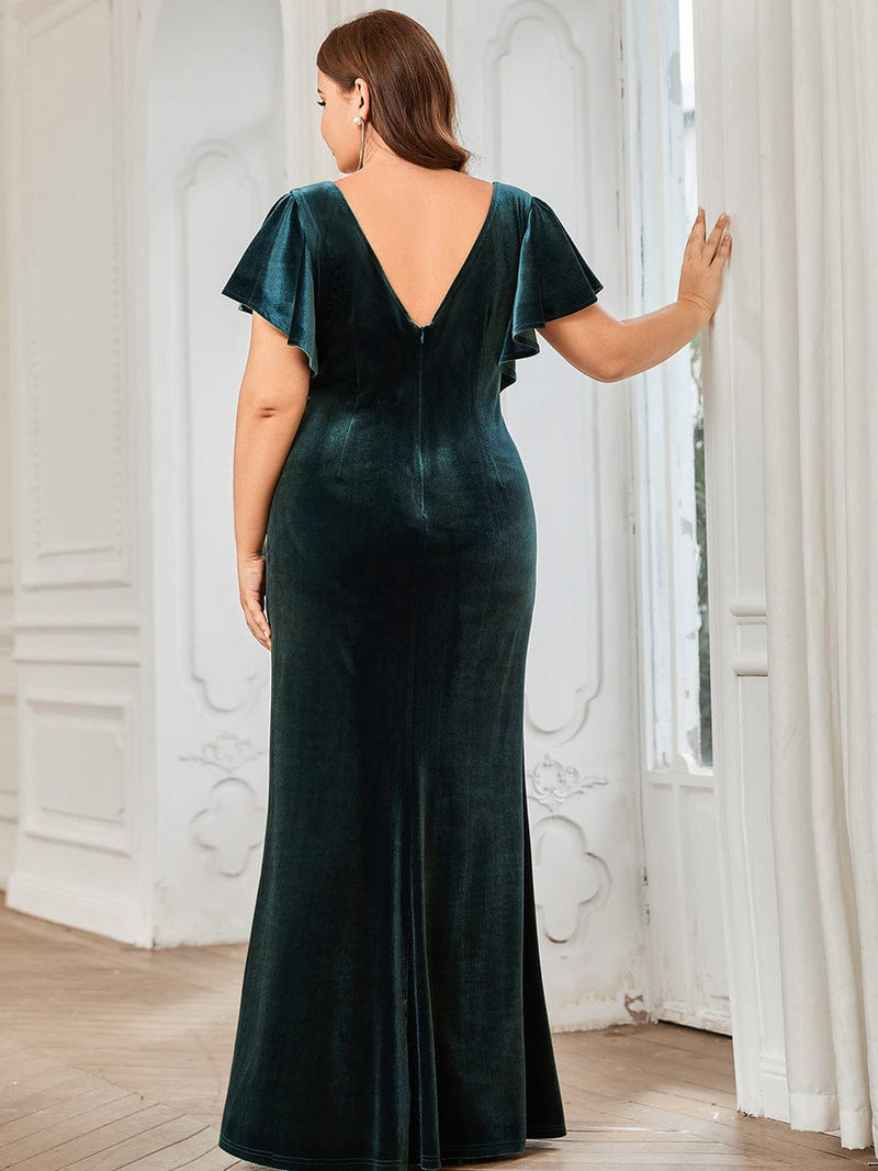 Plus Size Velvet Ruffle Sleeve Floor-Length Bodycon Evening Dress ...
