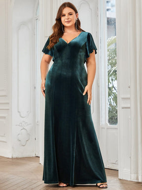 Plus Size Ruffle Sleeve V-Neck Plunging Back Velvet Bodycon Evening Dress