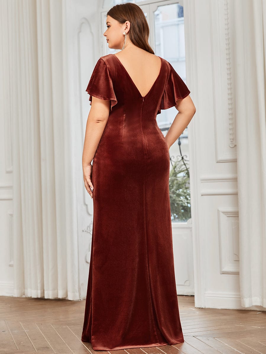Plus Size Velvet Flutter Ruffle Sleeve Bodycon Floor-Length Evening Dress #color_Brick Red