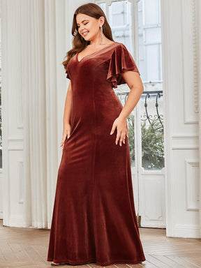 Plus Size Ruffle Sleeve V-Neck Plunging Back Velvet Bodycon Evening Dress