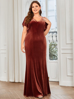 Plus Size Ruffle Sleeve V-Neck Plunging Back Velvet Bodycon Evening Dress