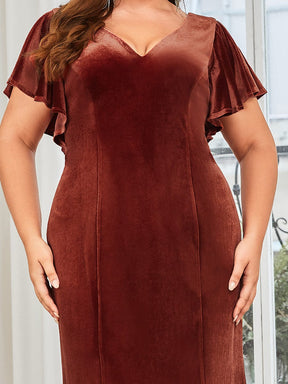 Plus Size Ruffle Sleeve V-Neck Plunging Back Velvet Bodycon Evening Dress