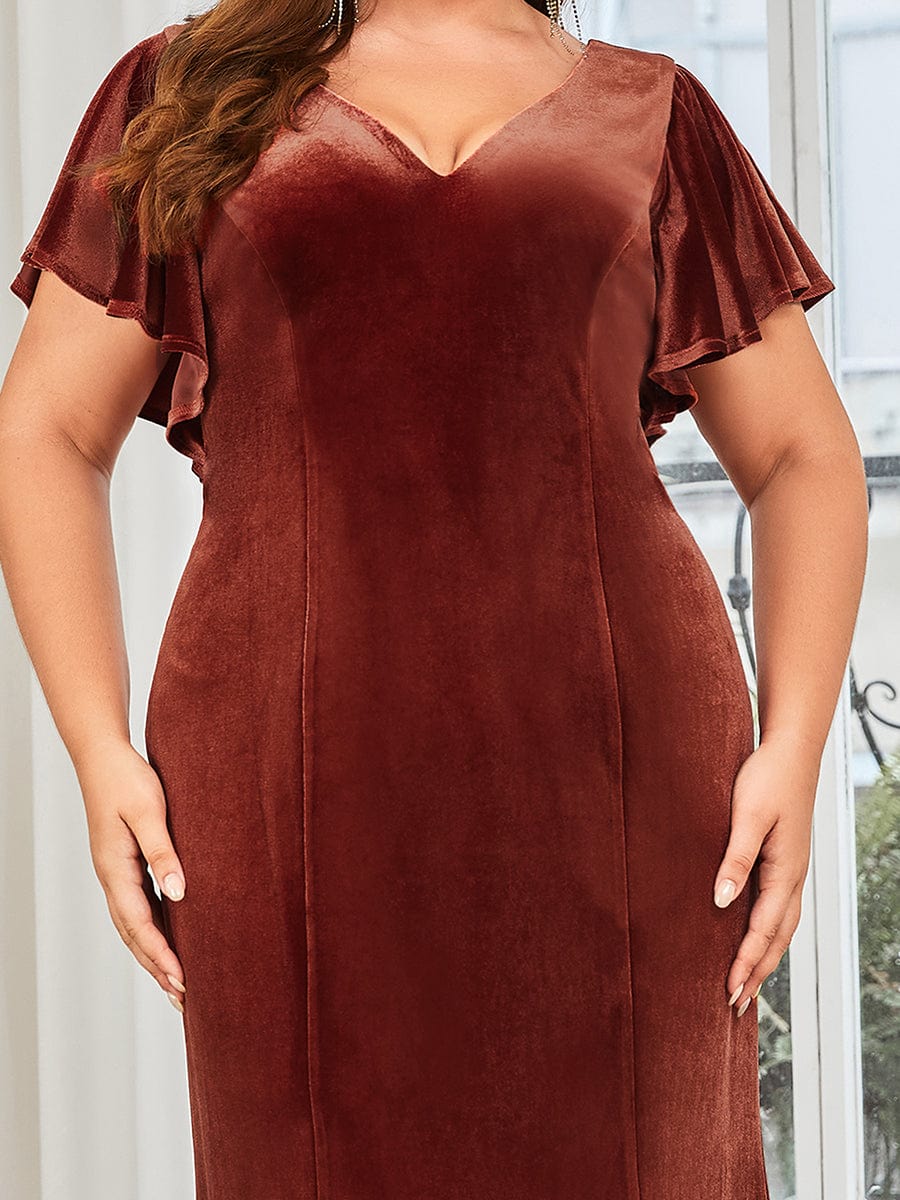 Plus Size Ruffle Sleeve V-Neck Plunging Back Velvet Bodycon Evening Dress
