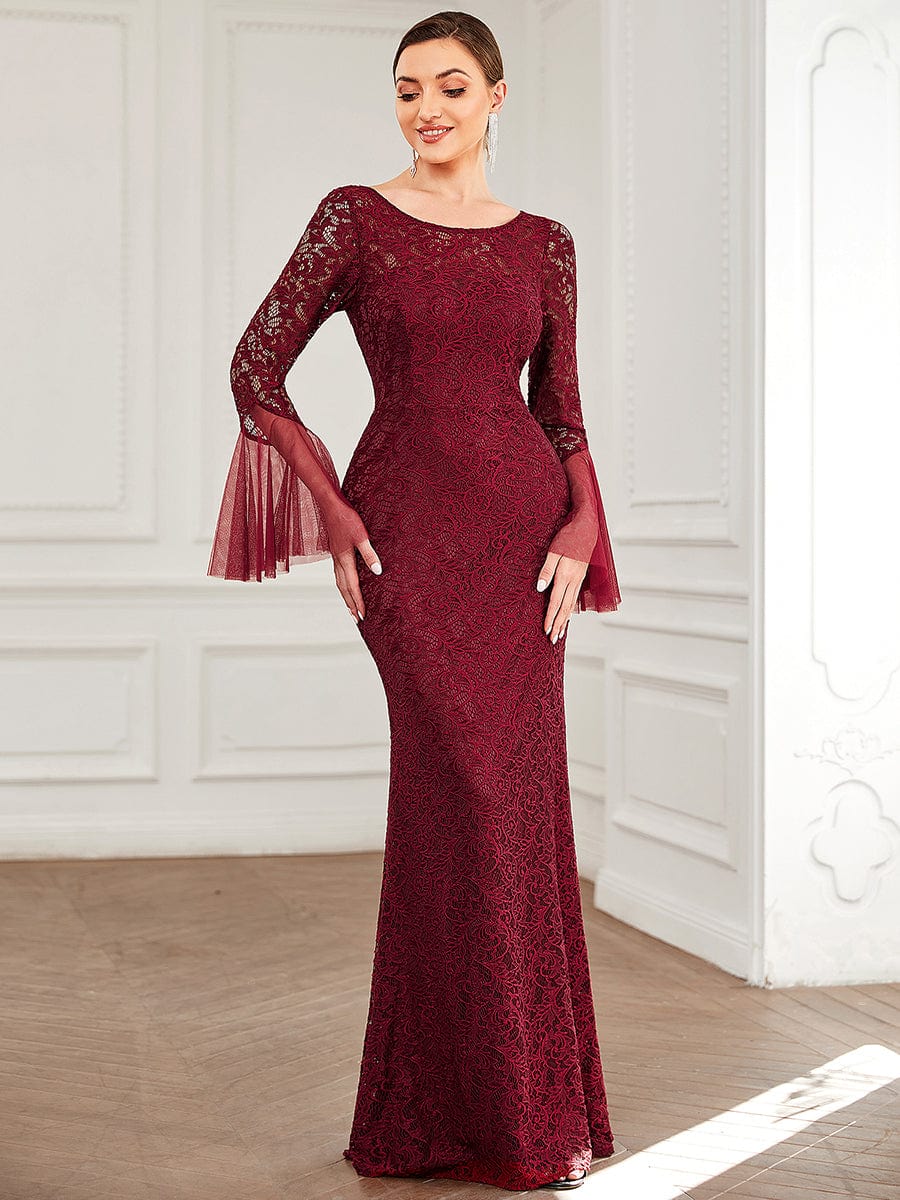 Tulle Bell Sleeve Lace Floor-Length Bodycon Evening Dress #color_Burgundy